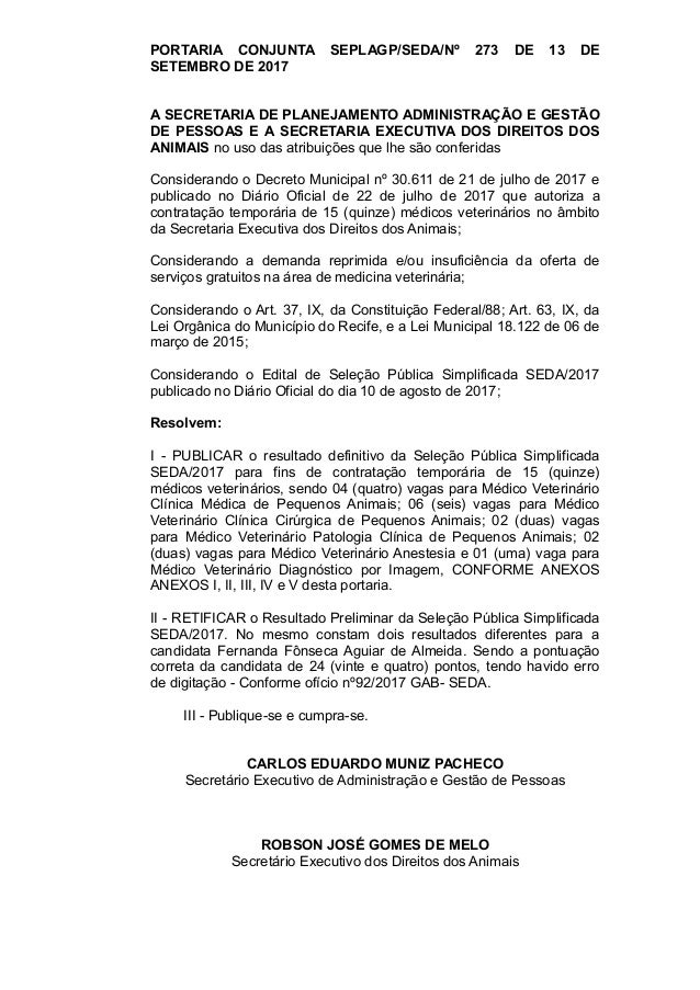 resultado de seleção da secretaria executiva dos direitos dos animais\u2026portaria conjunta seplagp seda nº 273 de 13 de setembro de 2017 a secretaria